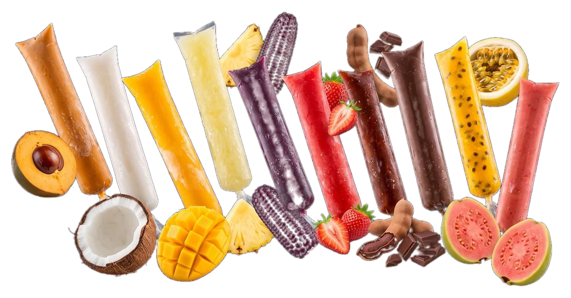 Marcianos de fruta de varios sabores con la fruta de la que salen: mango, coco, maracuyá, fresa, maíz morado